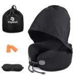 Vzpeun Neck Pillow for Travel - Hooded Memory Foam Plane Pillow for Airplane, Office, Cars Sleeping, Long Flight Must Haves, Portable Road Trip Essentials for Adults Black