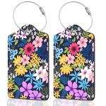 2Pack Luggage Tags for Suitcases, Cute Unique Pu Leather Cruise Luggage Tag with Privacy Cover ID Label Address Card and Metal Ring Suitable for Women Men Kids Travel Bag Colorful Flowers 1