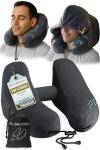 FLOWZOOM Air Inflatable Neck Pillow for Traveling on Plane - H-Shape Hooded Airplane Pillow with 5 Snooze Modes, Fast Inflation, Pressure Control, Cozy Clip-On Hood & Plushy Cover - Size L, Jet Black