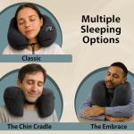 FLOWZOOM Air Inflatable Neck Pillow for Traveling on Plane - H-Shape Hooded Airplane Pillow with 5 Snooze Modes, Fast Inflation, Pressure Control, Cozy Clip-On Hood & Plushy Cover - Size L, Jet Black