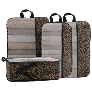 U+U 4 Set Compression Packing Cubes - Ultralight Travel Organizers, Space-Saving Suitcase Organizer, Expandable Packing Cubes for Travel, Business Trip and Family Vacation (Leopard)
