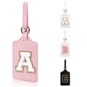 Personalized Initial Luggage Tags for Suitcases, Leather Chenille Letter Cute Luggage Tags with Privacy Name Card, Embroidered Travel Bag Backpack Tag Gifts for Women Kids Girls Teens(Pink-A)