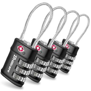 4 Pack TSA Approved Luggage Locks, Combination Travel Cable Lock, 3-Digit Waterproof Padlock, Zinc Alloy Outdoor Keyless Resettable Lock for Travel, Lockers, Bags, Backpack, Gym, Gate-by BRILLIRARE