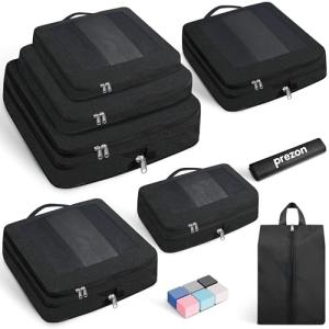 Prezon 8 Set/6 Set/4 Set Compression Packing Cubes for Travel, Lightweight Vacation Travel Essentials, Accessories for Suitcase Organizer Bags Set, Durable Luggage Organizer （8-Square-Black）