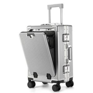 Suitcase Front Opening Pocket Aluminum Alloy Frame Rolling Luggage with USB Charging Plug Trolley Carry-on Case Bag with Wheel