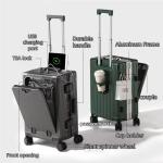 Suitcase Front Opening Pocket Aluminum Alloy Frame Rolling Luggage with USB Charging Plug Trolley Carry-on Case Bag with Wheel