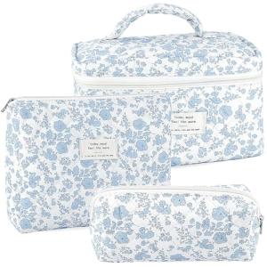 URSKYTOUS 3Pcs Makeup Bag Quilted Cosmetic Bag Set Bow Travel Large Makeup Pouch for Women Cute Portable Cotton Toiletry Bag Skincare Organizer Coquette Vintage Travel Essential