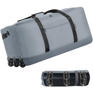 Finnhomy 120L Foldable Rolling Duffel Bag with 3 Wheels, Light Weight Travel Duffel bag with Large Loading Capacity, 32 inch Rolling Duffel bag with Shoulder Strap for Travel Camping Sports, Grey