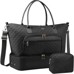 HOTOR Travel Duffle Bag for Women - Carry on Bag with Toiletry Pouch & Shoe Compartment, Large Overnight Weekender Bags for Gym, Business Trips, Sports and Hospital, Black, 17.3" x 7.9" x 13.4"