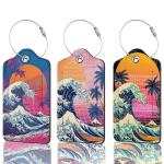 Retro Wave Ocean Sunset Luggage Tag, 3 Pack Luggage Tags for Suitcases, Cute Suitcase Tags Identifiers Bag Tags with Privacy Flap, Baggage Name Tag for Women Men Luggage Backpacks & Bags