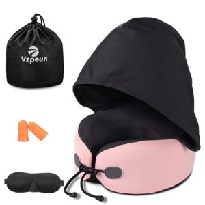 Vzpeun Neck Pillow for Travel - Hooded Memory Foam Plane Pillow for Airplane, Office, Cars Sleeping, Road Trip, Long Flights, Portable Plane Accessories, Includes Eye Mask & Earplugs Pink