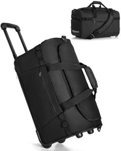 Smasrob 33L Rolling Duffle Bag with Wheels, Shoe Compartment and Wet Pocket, 21” Carry On Bag with Crossbody Strap, Black