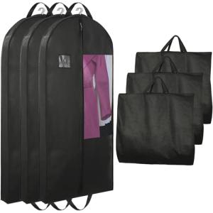 Stykontin Garment Bags for Hanging Clothes and Travel with 4" Gusseted, Suit Cover for Clothes,Coats,Suit,Jackets,Dress,Shirts,Skirt. (Black-50"-3pcs-Double zipper-Non-woven Fabric)