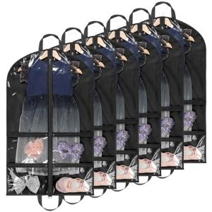 KEEGH Clear Garment Bags for Dance Costumes 40 inch Dance Garment Bags for Dancers Hanging Clothes for Closet Storage, with 4 Zipper Pockets for Dance Competitions, Ballet, Theatre, 6 Pack, Black