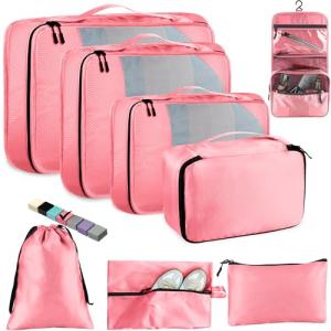 Toncoke Packing Cubes for Travel, 8-Piece Mesh Holographic Stripe Mesh Luggage Organizers with Shoe Bag, Toiletry Bag, Laundry Pouches, 4-Sizes set for Suitcase Organization, Men Women Kids, Pink