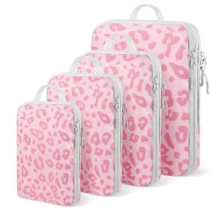 Lemoobolsa 4 Set Compression Packing Cubes For Travel Bags Organizer For Luggage Suitcase Organizer, Compression Bags For Travel Accessories Luggage Storage Set (4 Pcs, Pink Leoparda)