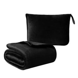 ZYFZCYBL Travel Blanket and Pillow - Premium Soft 2 in 1 Airplane Compact with Soft Bag Pillowcase, Plane Blanket Compact Packable, Travel Essentials Accessories for Plane and Car, 60x80 Black
