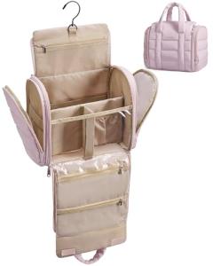 BAGSMART Hanging Toiletry Bag with Removable Partition, Puffy Water-resistant Fabric, Cosmetic Bag Makeup Bag for Full Sized Toiletries, Nude Pink