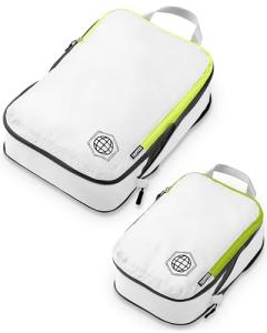 TRIPPED Travel Gear Compression Packing Cubes for Travel - Luggage and Backpack Organizer Packaging Cubes for Clothes (White and Green, 2 Piece Set)