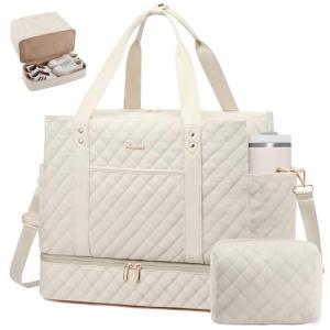 LOVEVOOK Large Travel Duffle Bag for Women, 45L Weekender Bags with Shoe Compartment & Wet Pocket, Quilted Carry On Personal Item Bag, Overnight Hospital Bags for Labor Delivery Beige