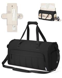 WANDF Convertible Garment Bags for Travel with Wet Pocket Carry on Garment Duffle Bag 2 in 1 Puffy Hanging Clothes Travel Bags with Shoe Compartment for Airplanes Business Weekend Gym Wedding (Black)