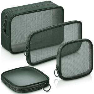 Weewooday 4 Pcs Mesh Makeup Bag Mesh Cosmetic Bag Travel Toiletry Pouch with Zipper Mini Makeup Cosmetic Purse for Daily Accessory(Small, Large, Medium,Olive Green)