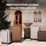 NINETYGO Medium Checked Luggage 25 Inch, Flat Top Opening Check In Luggage with Cup Holder, Expandable, Coffee-Infused PC Hard Shell, Eco-Friendly, TSA Lock, 360° Spinner Wheels (Latte)