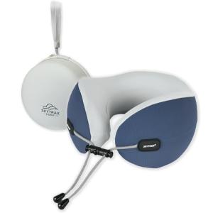 SKYTRAX COMF® Premium Ergonomic Memory Foam Travel Neck Pillow, Washable Cooling Ice Silk Cover, Firm Neck Support for Airplane Long Flights & Pain Relief, with Portable Carry Case (Navy Blue)