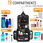 Travel Toiletry Bag for Men and Women - Large Hanging Toiletry Organizer - Waterproof Hygiene Bag with Metal XXL Swivel Hook, with YKK Zippers and 19 Compartments for Toiletries, Makeup, Cosmetics