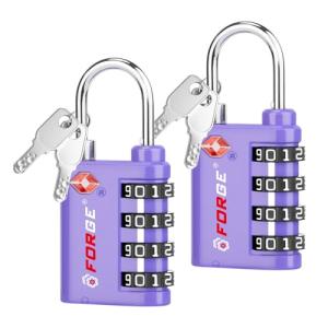 Forge Dual-Opening: Key or Combination Lock, TSA Approved Lock for Luggage, Pelican case, Travel, Gym, School, Luggage Combination Lock, Travel Bag Lock (Purple 2 Pk)