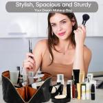 ALEXTINA Large Capacity Travel Cosmetic Bag - Portable Makeup Bags for Women Travel Toiletry Bag Waterproof Leather Checkered Makeup Organizer Bag, Roomy Cosmetic Bag for Women and Girls, Black