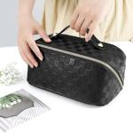 ALEXTINA Large Capacity Travel Cosmetic Bag - Portable Makeup Bags for Women Travel Toiletry Bag Waterproof Leather Checkered Makeup Organizer Bag, Roomy Cosmetic Bag for Women and Girls, Black