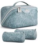 BOYATU Travel Makeup Bags Cosmetic Organizer Bag: 3-Set Large Capacity Make up Bag - PU Leather Toiletry Bags for Women - Wide Open Portable Pouch with Divider & Handle (01-Light Blue)