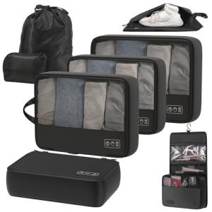Idcymoul Ultralight Compression Packing Cubes for Travel - 8 Set Packing Cubes Compression Suitcase Luggage Organizer, Travel Essential Set with Toiletry Bag Laundry Bag (Black)