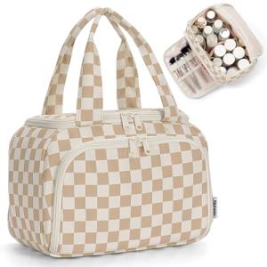 Narwey Large Travel Toiletry Bag, Wide-open Travel Bag for Toiletries, Toiletry Bags for Traveling Women, Cosmetic Make Up Makeup Bag Organizer with Wet Pocket, Skincare Bag (Light Checkerboard)