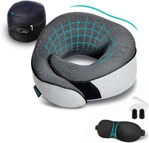 Proglobe Travel Neck Pillows for Airplanes, Sleeping Essentials for Long haul Flights, 360° Head Support, Car and Airplane Kit with 3D Contoured Eye Mask, Earplugs and Luxury Mesh Bag (Adult, Grey)