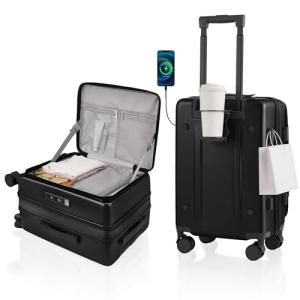 ISLAND ELEPHANT Expandable 20Inch Carry On Luggage Airline Approved - Top Opening Hardside Travel Suitcase Unbreakable -with Cup Holder,USB Charge,Side Pothook, 360°Spinner Wheels, TSA Lock-Black