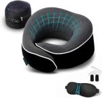 Proglobe Orthopedic Neck Pillow, Travel Neck Pillows for Airplanes, Memory Foam Kit, 360° Head Support, Airplane Pillow Set with 3D Contoured Eye Masks, Earplugs, and Luxury Mesh Bag (Black)