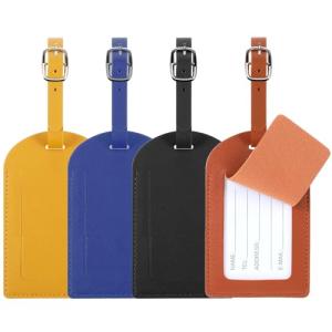 DOPENSPI 4 Pcs Faux Leather Luggage Tags with Privacy Protection Cover, Luggage id Tags Labels Identifiers Travel Tag with Adjustable Stainless Steel Buckle for Suitcases Bags Travel Accessories