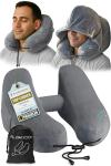 FLOWZOOM Air Inflatable Neck Pillow for Traveling on Plane - H-Shape Hooded Travel Pillow with 5 Snooze Modes, Fast Inflation, Pressure Control, Cozy Clip-On Hood & Plushy Cover - Size L, Silver Gray