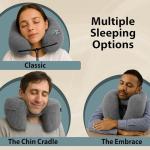 FLOWZOOM Air Inflatable Neck Pillow for Traveling on Plane - H-Shape Hooded Travel Pillow with 5 Snooze Modes, Fast Inflation, Pressure Control, Cozy Clip-On Hood & Plushy Cover - Size L, Silver Gray