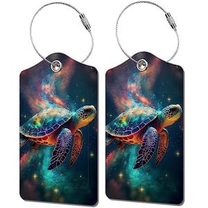 2 Pack Luggage Tag for Suitcase, Cute Unique Leather Bag Tags Identifiers Privacy Cover ID Label with Durable Steel Loop for Women Men Kids Girls Travel，TurtleE