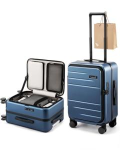 LUGGEX Carry On Luggage Top Opening, FLA Aluminum Frame Trunk Style luggage, Polycarbonate Hard Shell Suitcase (FX, Blue, 20 Inch, 38L)