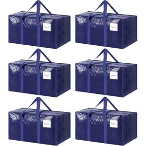 6 Pack Extra Heavy Duty Large Moving Bags with Strong Zipper & Comfortable Handles, Sturdy & Durable Clothes Storage Bags Totes Bins, Blue Packing Moving Boxes for College Supplies, Dark Blue