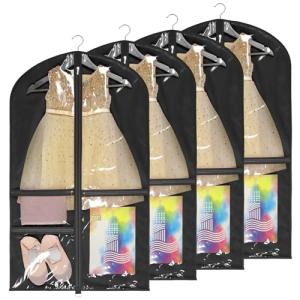 Univivi Dance Costume Bags Garment Bag 40 Inch Hanging Clothes for Dance Competitions, with 3 Medium Clear Zipper Pockets for Dance Costumes, Closet Storage (Black) - 4 Pack