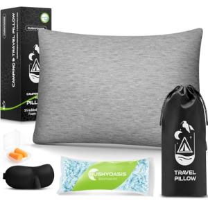 CushyOasis All-in-1 Camping Pillow Set - Small Travel Pillow Shredded Memory Foam for Sleeping with Eye Mask, Earplugs & Washable Cover, Compact for Backpacking, Hiking, Airplane, Car, S Size