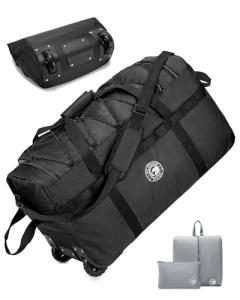 Nixjoro 100L Rolling Duffle Bag with Wheels Foldable Travel Duffle for Men Women 2 Wheels for Camping Rolling Carry On Luggage, Extra Toilet bag,Black