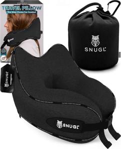 SNUGL Neck Travel Pillow - Memory Foam Airplane Pillow - Flight Pillow | Neck Support Travel Pillow with Carry Bag & Clip | Neck Pillows for Sleeping Travel Plane | Flying Travel Essentials - Black