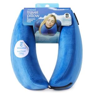 TRAVELREST Nest Memory Foam Travel Neck Pillow, Advanced Support for Long Flights, Patented Design, Optimal Relaxation, Compact, Ergonomic, and Washable, On-The-Go, Attaches to Luggage - Blue