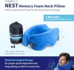 TRAVELREST Nest Memory Foam Travel Neck Pillow, Advanced Support for Long Flights, Patented Design, Optimal Relaxation, Compact, Ergonomic, and Washable, On-The-Go, Attaches to Luggage - Blue